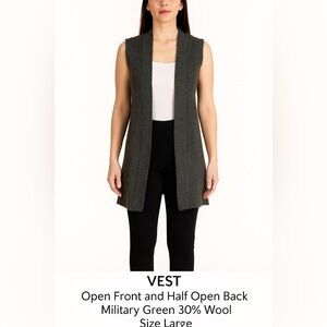 Max Studio Vest open front and open half back Military Green 30% wool Size Large